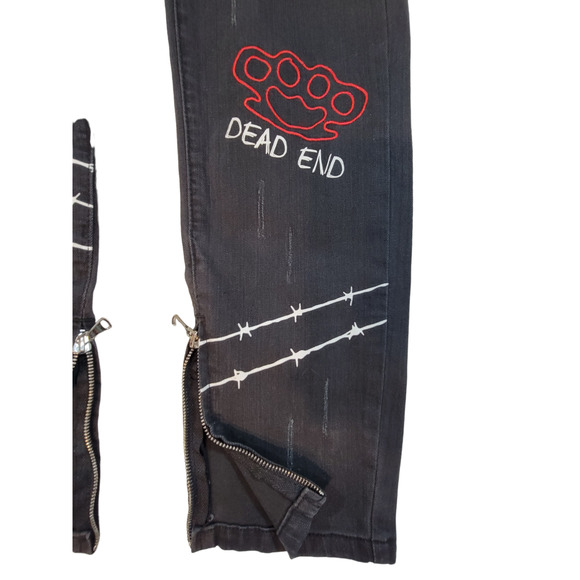 THRT Size 36 Black Distressed Jeans Graffiti Barbwire Spider Web Money Rope Belt - Picture 9 of 9